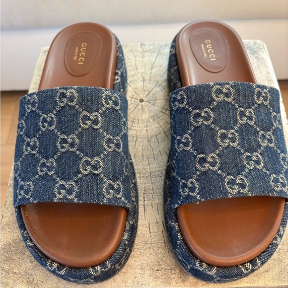 Gucci Shoes - Gucci Denim GG Jacquard Slide Sandals - Blue and Brown